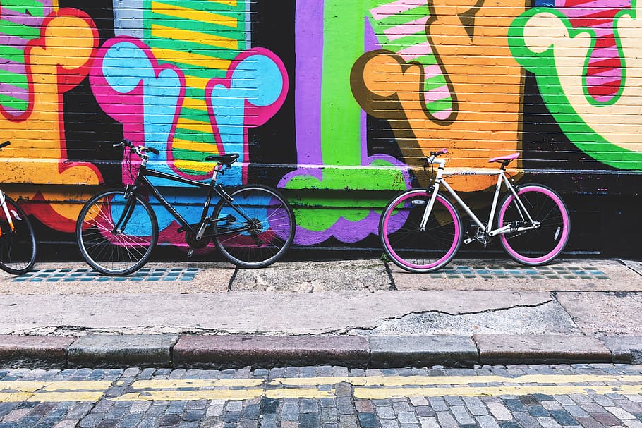 スタンド, ストリートアート, 覆われた, 壁, 都市, 自転車, 落書き, 旅行, 多色, アウトドア