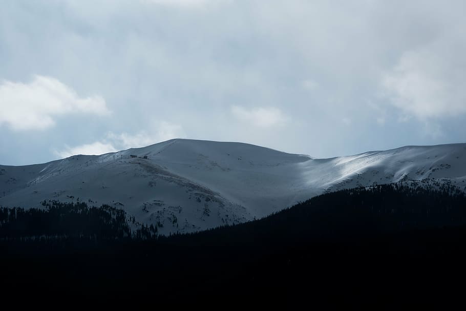 mountain, covered, snow, cloudy, sky, daytime, highland, cloud, summit, ridge