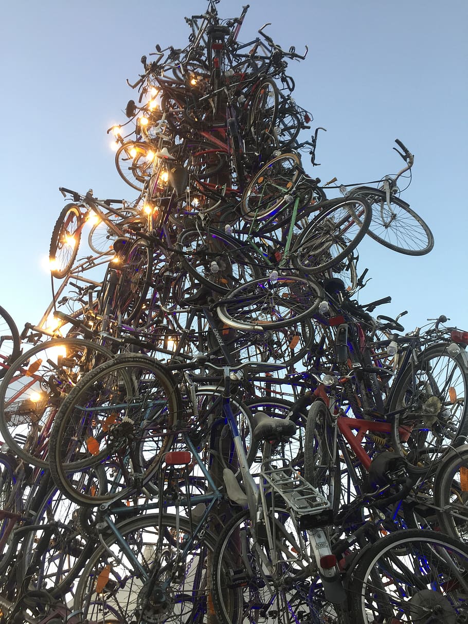 bicycle, bike, art, sculpture, tollwood, munich, germany, modern art, sky, low angle view