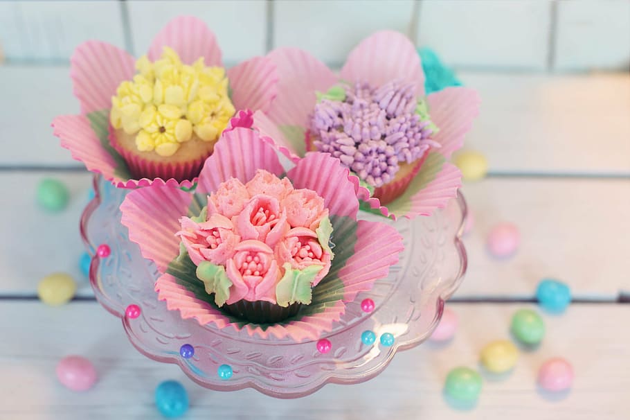 three, assorted, cupcakes, clear, glass bowl, floral, pastel, easter, cake, celebration