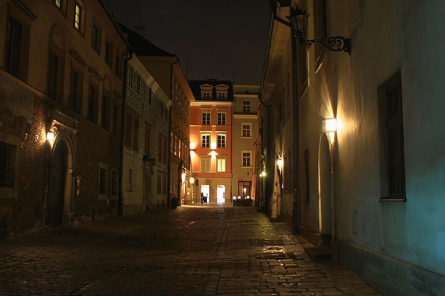 Cracovia, antiguo, ciudad, calle, arquitectura, luces, noche, Polonia, estructura construida, iluminado