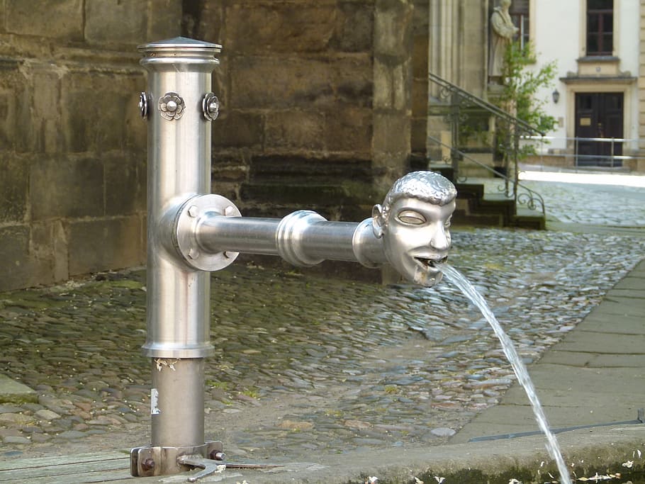 stainless steel faucet, pirna, germany, fountain, water, spigot, pavement, urban, unique, silver