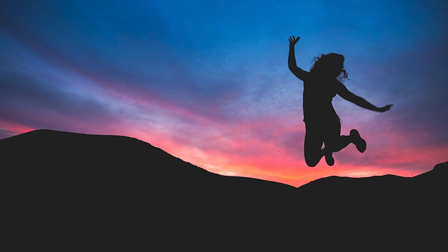 silhouette, woman, jumpshot, outdoors, people, nature, sunset, sky, jumping, happiness