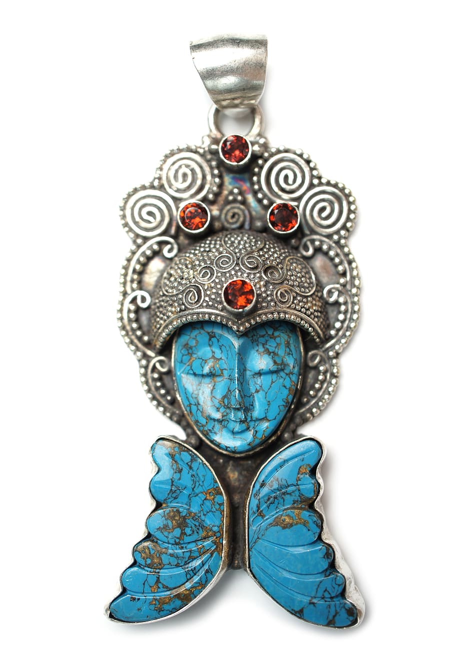 silver-colored, blue, stone face pendant, turquoise, stone, pendant, goddess, asian, garnet, jasper