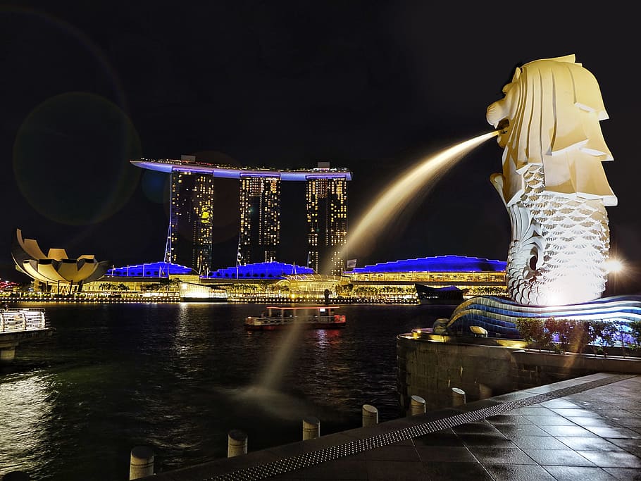 marina bay sands, singapore, singapore river, merlion, icon, marina bay sand, tourist, tourist attraction, water, lights