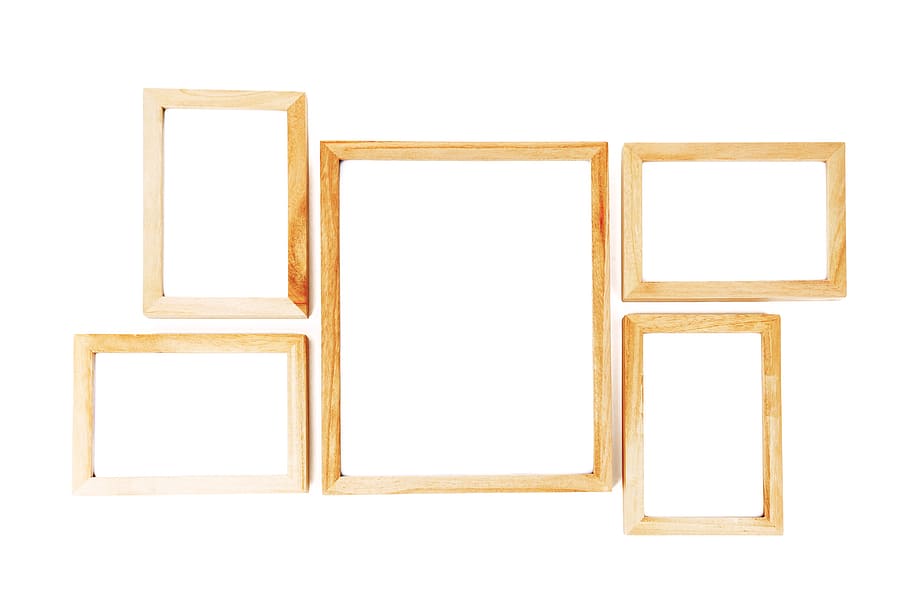 cinco, marrón, de madera, marcos, fondo, en blanco, frontera, decorativos, pantalla, vacío