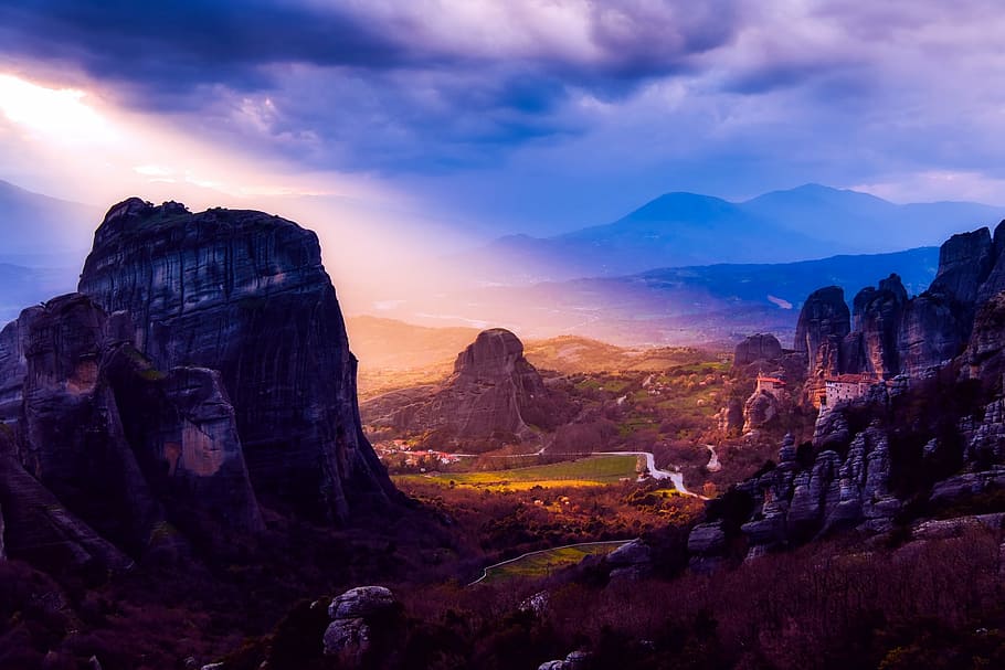 sunrays on mountains, greece, mountains, sky, clouds, landscape, sunset, sunrise, hdr, valley