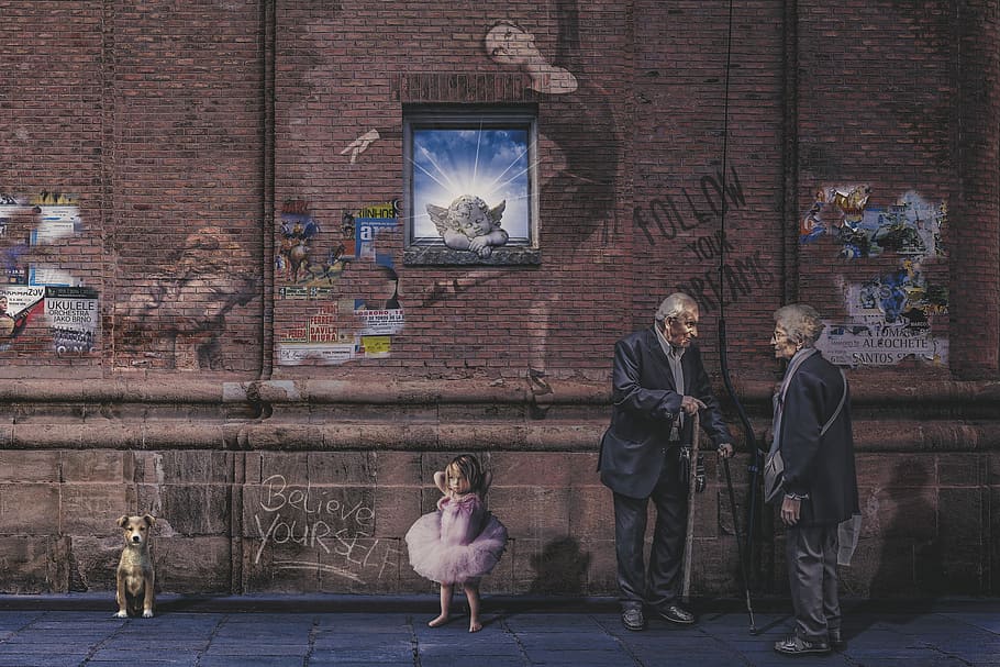 two, men, standing, next, girl, sitting, dog, pavement painting, people, adult