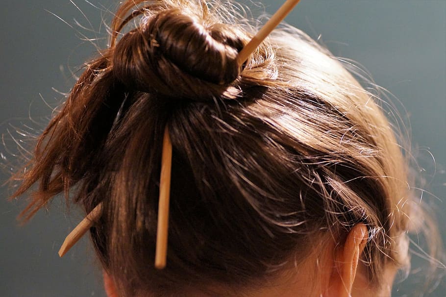 woman, wearing, brown, sticks, hair, hairstyle, careless, closed, girl, young