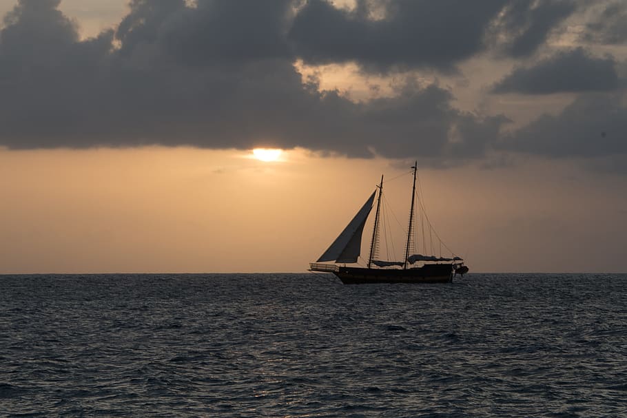 cayman island, sunset, sea, water, nautical vessel, sky, transportation, sailboat, sailing, beauty in nature