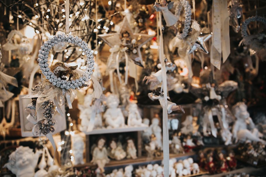 christmas, decor, ornaments, blur, retail, for sale, hanging, market, focus on foreground, day