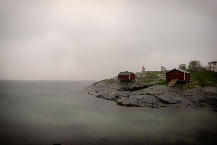 Noruega, Lofoten, paisaje, nubes, agua, mar, lluvia, clima, nube, choza