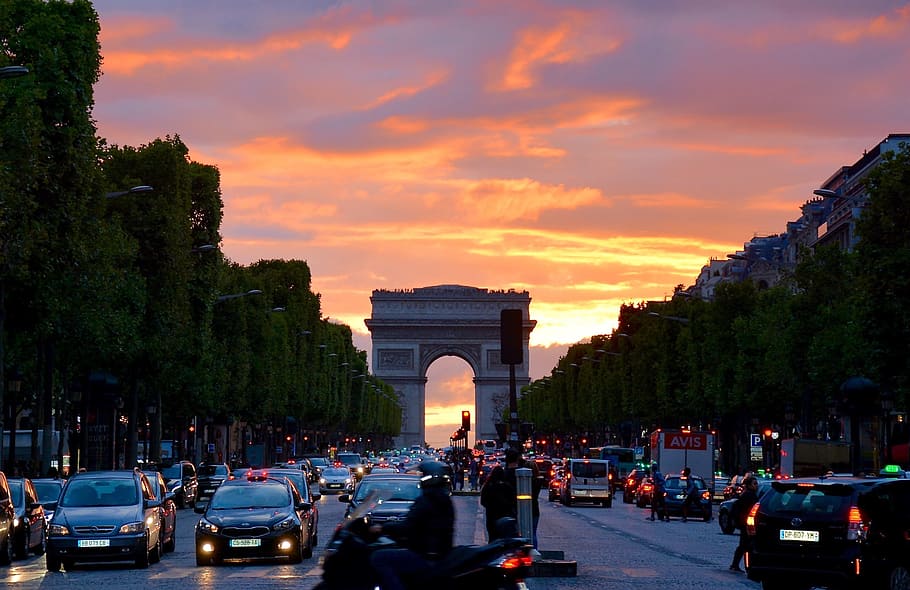arc de triomphe, paris, matahari terbenam, france, monumen, moda transportasi, kendaraan bermotor, mobil, arsitektur, lengkungan
