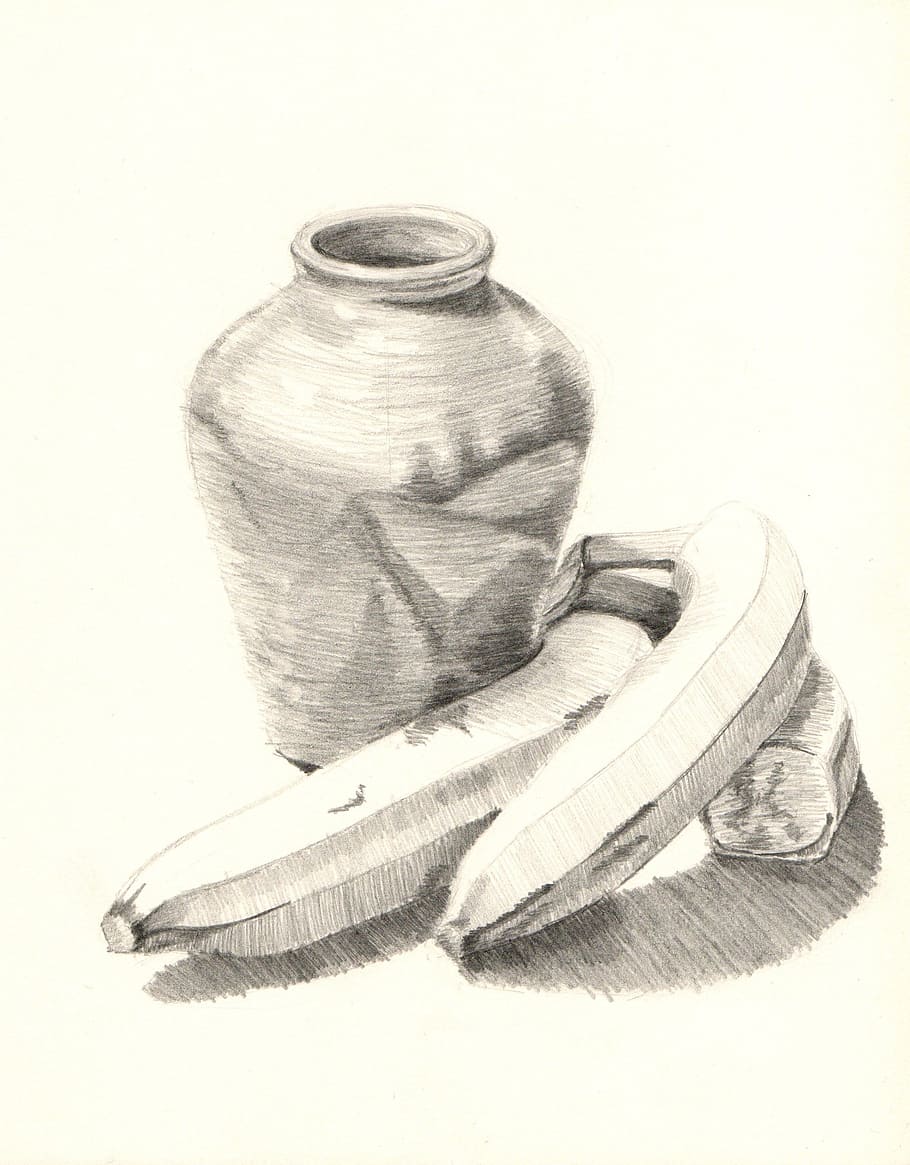 still life, bananas, vase, drawing, pencil, art, artwork, old-fashioned, old, antique
