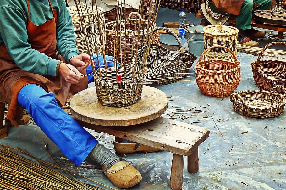person woving basket, wickerwork, basket weavers, craft, wicker basket, baskets, man, tradition, culture, old craft