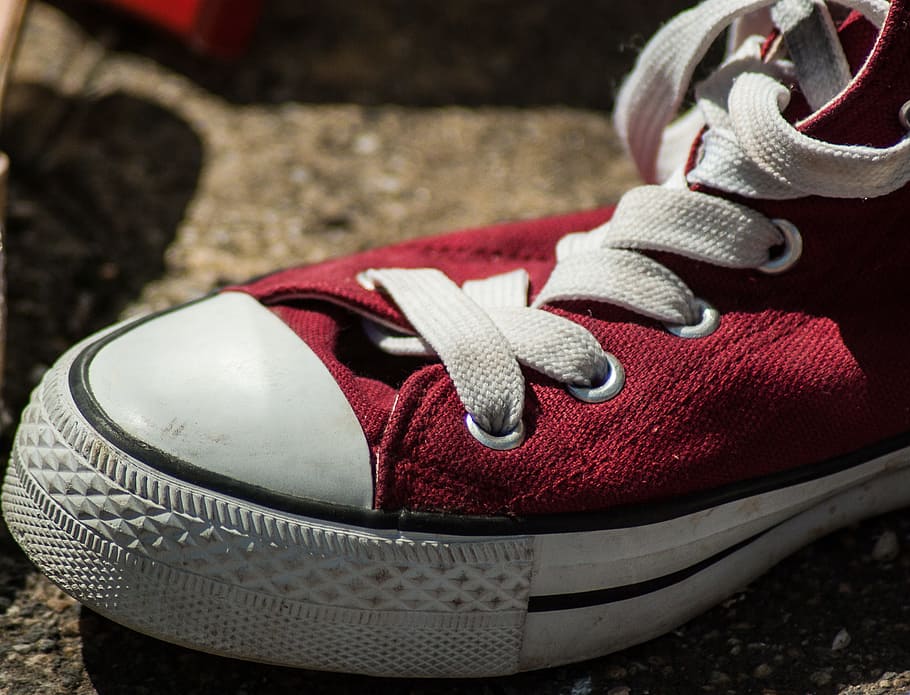 unpaired, red, converse, all-star, high-top sneaker, sport, basketball, tennis, shoe, shoelace