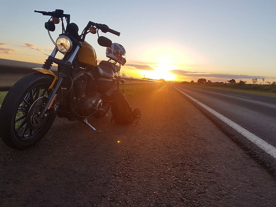 black, cruiser motorcycle, parked, paved, road, sunset, harley davidson, bike, ride, motorcicle