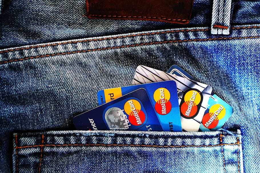 bolso, cartões de crédito, crédito, fotos, jeans, mastercard, dinheiro, domínio público, azul, denim