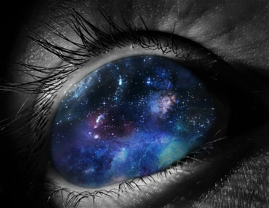 nebulosa, pessoa, arte-final dos olhos, ciência, astronomia, planeta, galáxia, luminescencja, espaço, celebridades