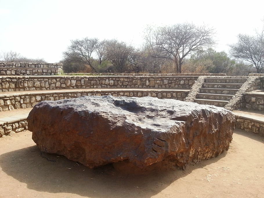 meteorite, grootfontein, namibia, geography, archaeology, tree, nature, architecture, day, plant