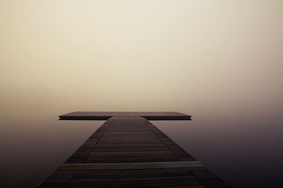 photo of deck, pier, wooden, lake, ocean, sea, quiet, fog, calm, tranquil
