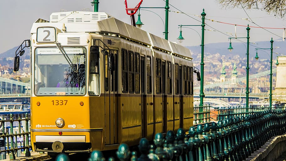 yellow train, budapest, tram, city, stadsfoto, hungary, public transportation, train - vehicle, bus, railroad track