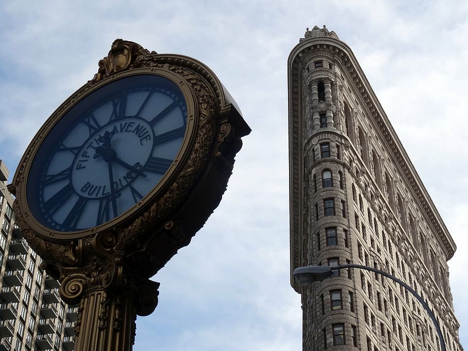 new york, manhattan, flatiron, building, architecture, usa, clock, built structure, low angle view, time
