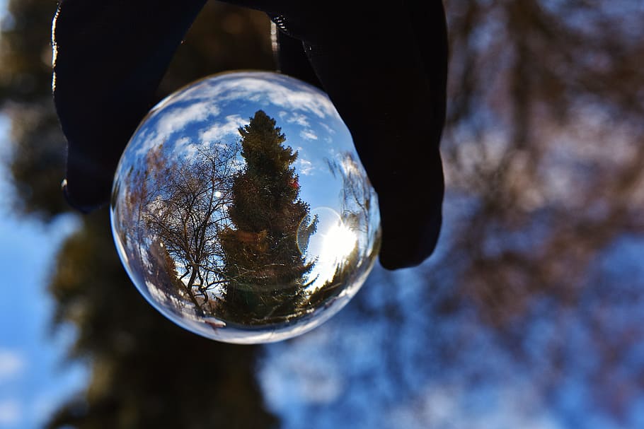Ball, Sky, Blue, Mirroring, Transparent, sky, blue, trees, clouds, glass ball, reflection