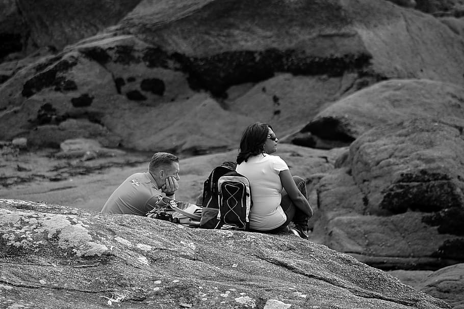 characters, men, women, friends, black and white, relaxation, humans, buddies, hiking, real people