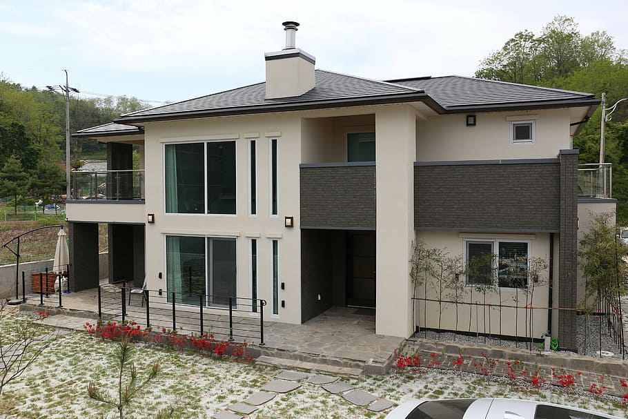 branco, concreto, casa, ao lado, árvore, casa de força, casa de madeira, habitação japonesa, arquitetura, estrutura construída