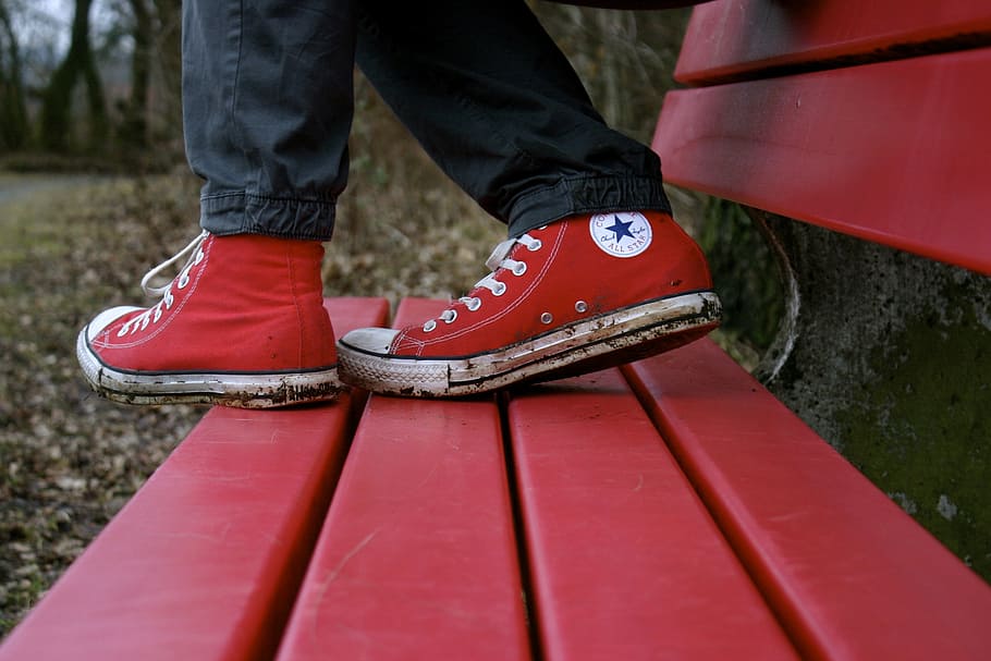 person, wearing, red, converse, all-star, high-tops, shoes, shoe, outdoors, low section