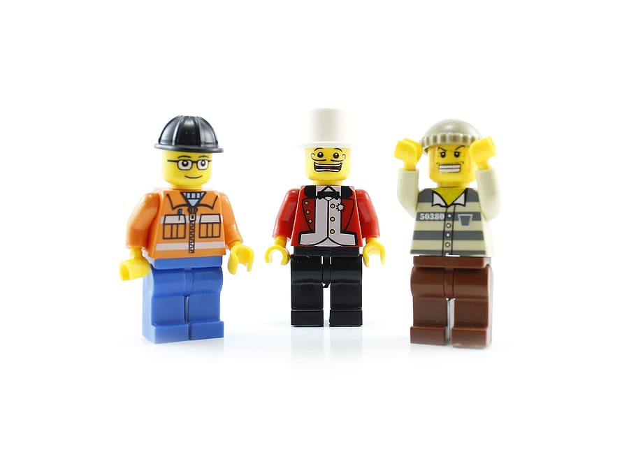 three lego characters, Lego characters, lego, figure, person, boy, little, one, child, geometric