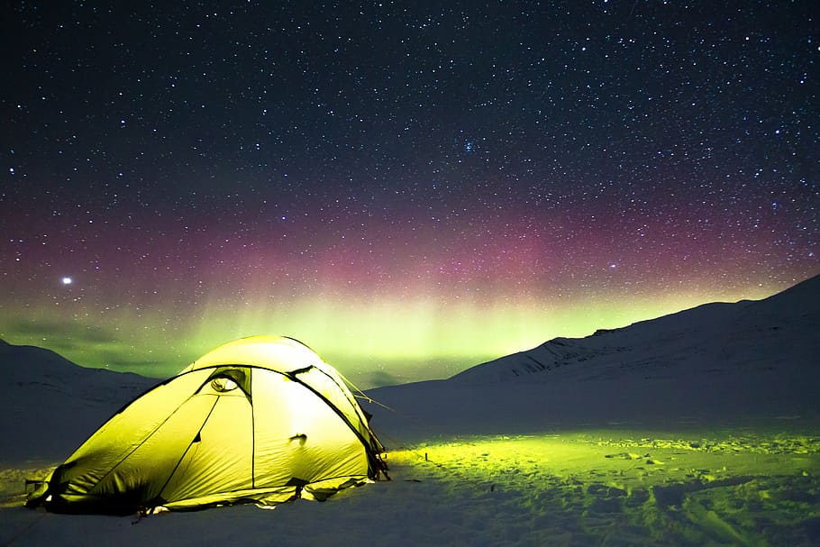 yellow, tent, across, silhouette, mountain, auroras, camp, adventure, fire, holiday