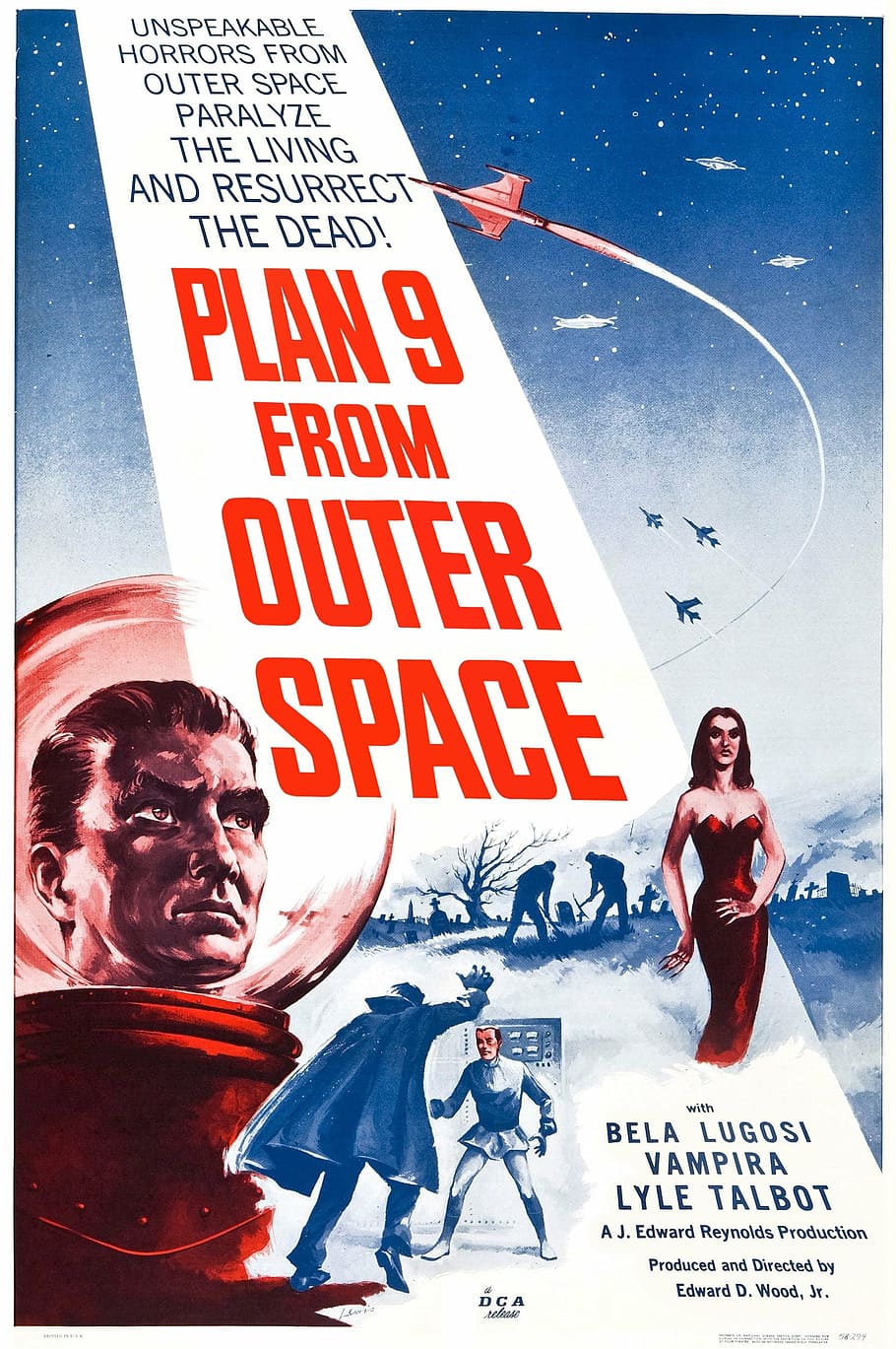 plan 9, exterior, póster espacial, póster de película, largometraje, plan 9 desde el espacio exterior, 1959, ed wood, texto, guión occidental