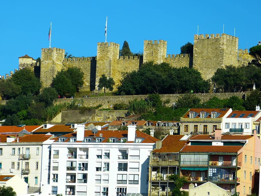 lisbon, lisboa, portugal, castle, fortress, tower, masonry, architecture, building exterior, built structure