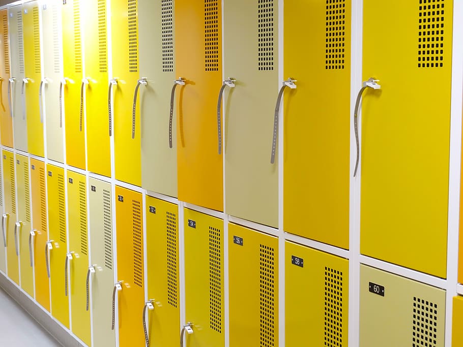 yellow locker, wardrobe, wardrobe cabinet, changing room, keychains, yellow, in a row, order, indoors, side by side