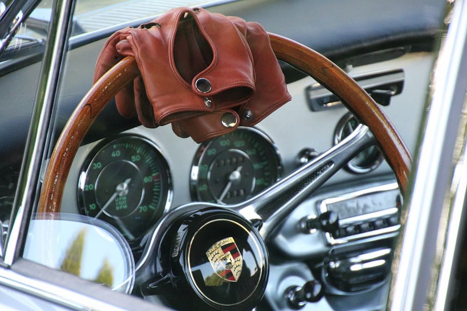 brown, jacket, black, porsche steering wheel, porsche c, steering wheel, leather glove, car, transportation, land Vehicle