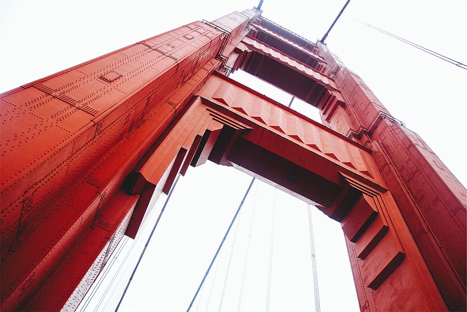 Puente Golden Gate, San Francisco, arquitectura, acero, rojo, vista de ángulo bajo, estructura construida, exterior del edificio, cielo, cielo despejado