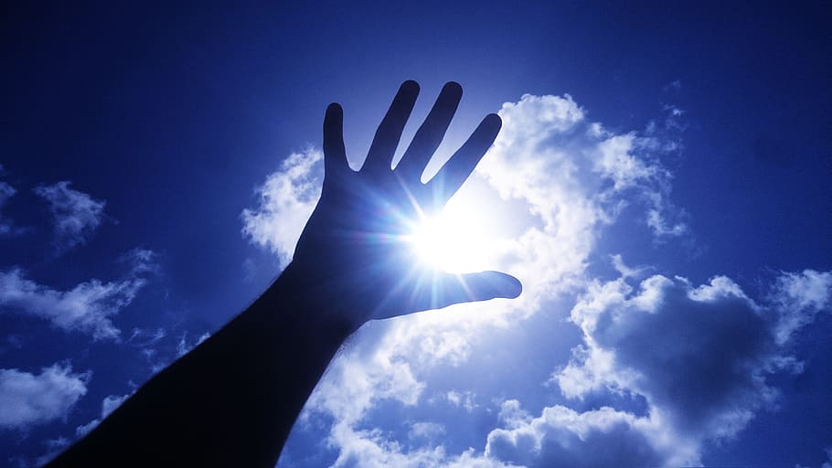 sun, sky, hand, clouds, blue, human hand, human body part, cloud - sky, hope - concept, back lit
