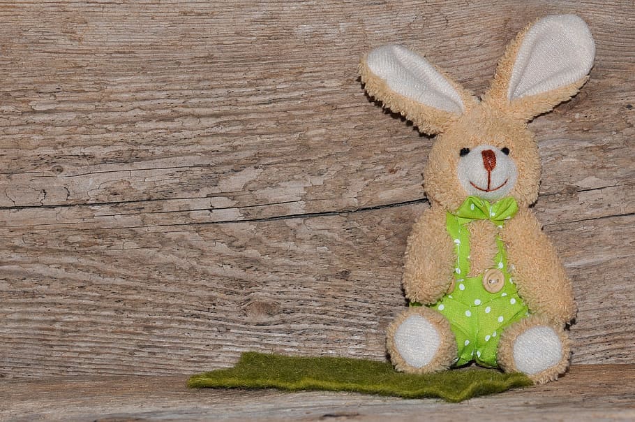brown, rabbit, plush, toy, green, mat, fabric bunny, hare, wood, background