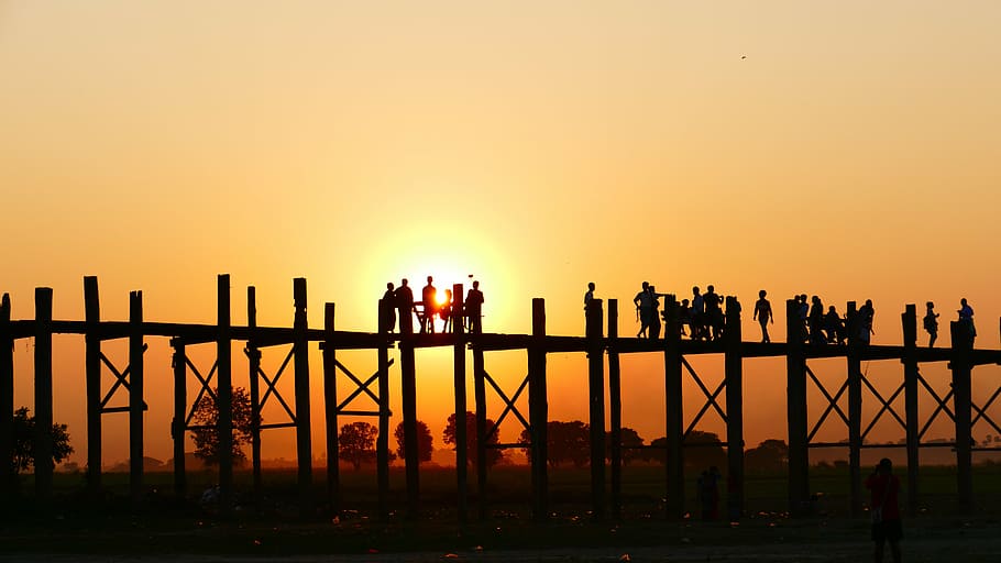 silhouette, people, wooden, dock, sunset, u leg bridge, teak bridge, old, human, roma table