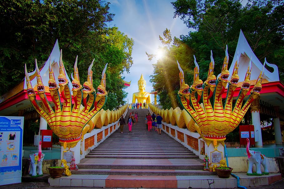 pattaya, perjalanan, thailand, budha, emas, kuil, buddha, alam, pohon, struktur yang dibangun