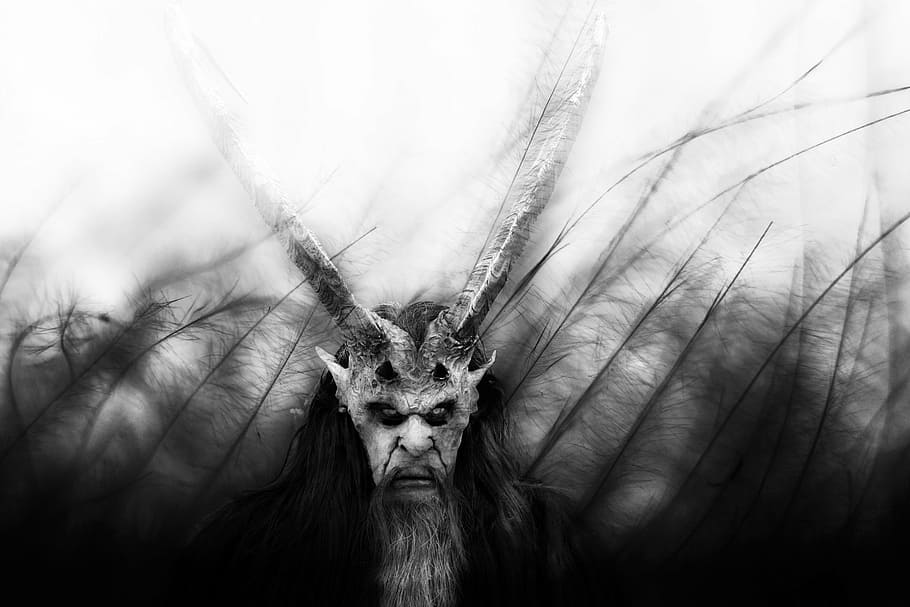 grayscale photo, demon, scary man, beast, mask, monster, dark, nature, close-up, one animal
