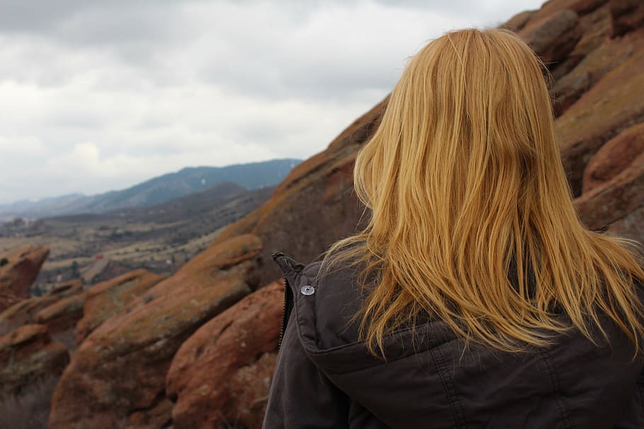 woman, blonde, hair, facing, back, red head, girl, nature, view, mountain