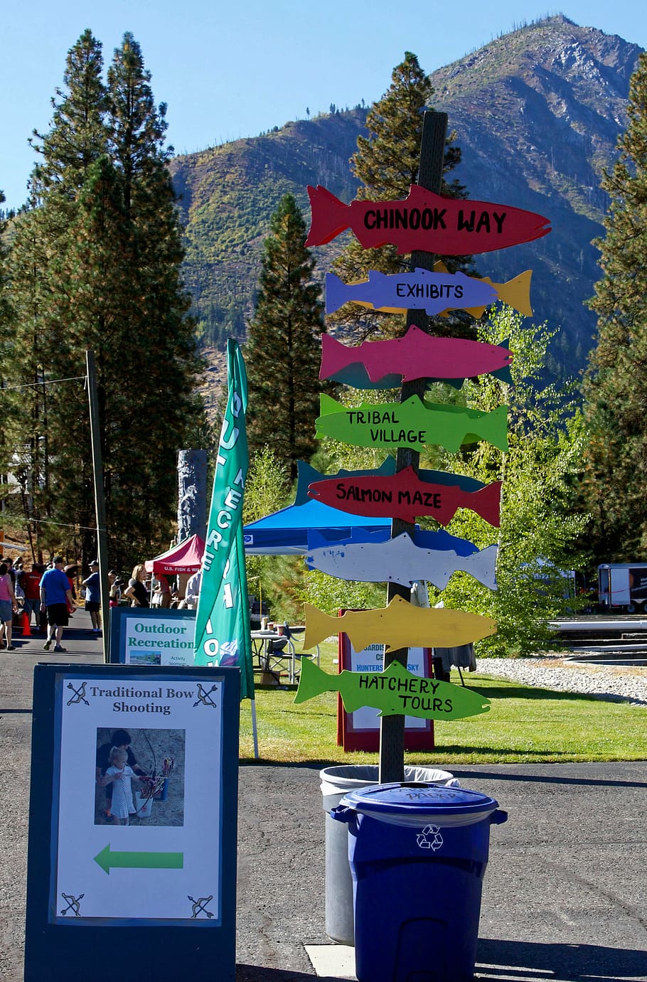salmon festival, wenatchee river, salmon, fish, festival, signpost, sign, festive, mountain, landscape