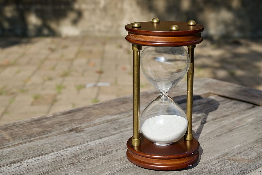 brown, hourglass, wooden, surface, time, sand, wood, sandglass, hour, wood - material