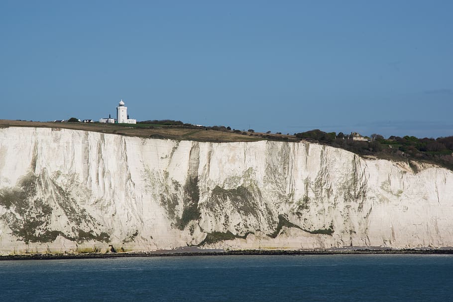 dover, limestone cliffs, coast, lighthouse, rock, white cliffs, sea, water, sky, nature