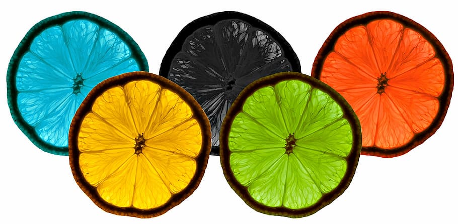 пять, разные цвета, нарезанный, фрукты, черный, синий, красочный, еда, зеленый, лимоны
