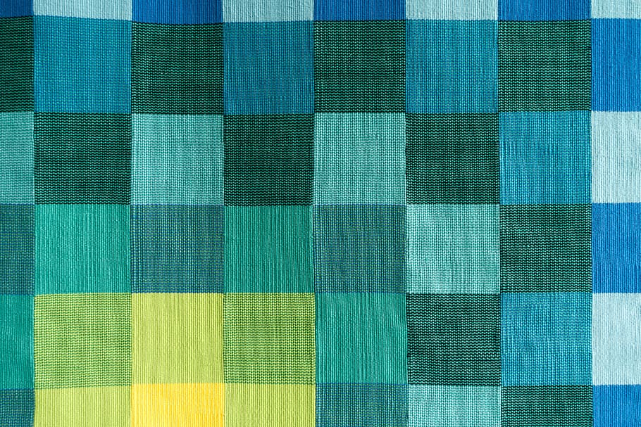 multicolored checkered textile, tapestry, square, yellow, green, blue, turquoise, color gradation, abstract, background
