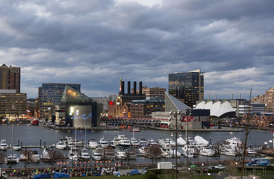 Baltimore, Night, Dusk, Tourism, downtown, inner harbor, harbor, city, boats, maryland